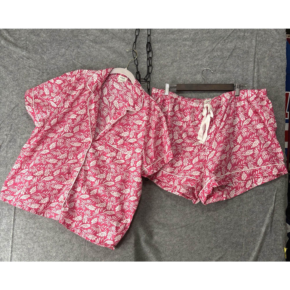 J Crew Pajama Short Set Womens XXL Pink Foliage Pocket Drawstring Lightweight - Picture 1 of 10